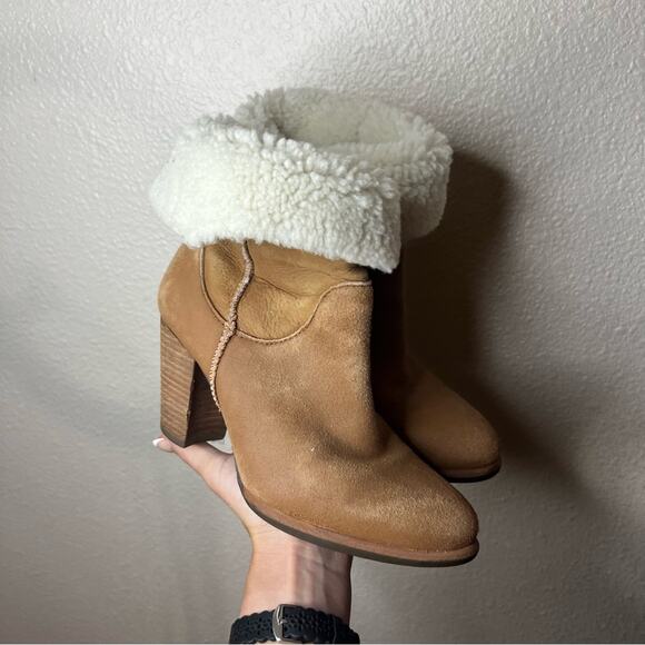 Ugg Charlee Suede Sherpa lined foldover heeled boots in chestnut 6 - Picture 1 of 10